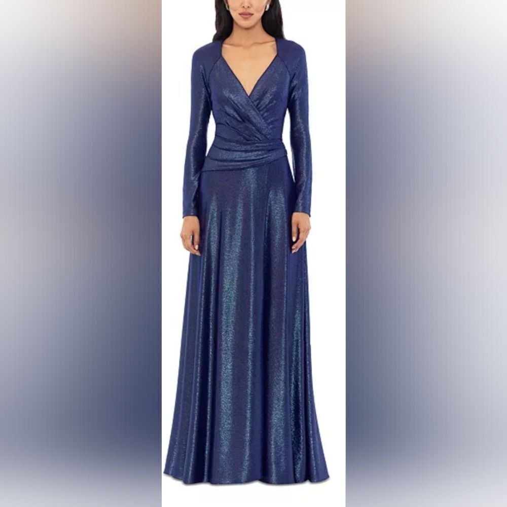 Betsy & Adam Foil Long-Sleeve Faux-Wrap Dress NWT size 16 Blue